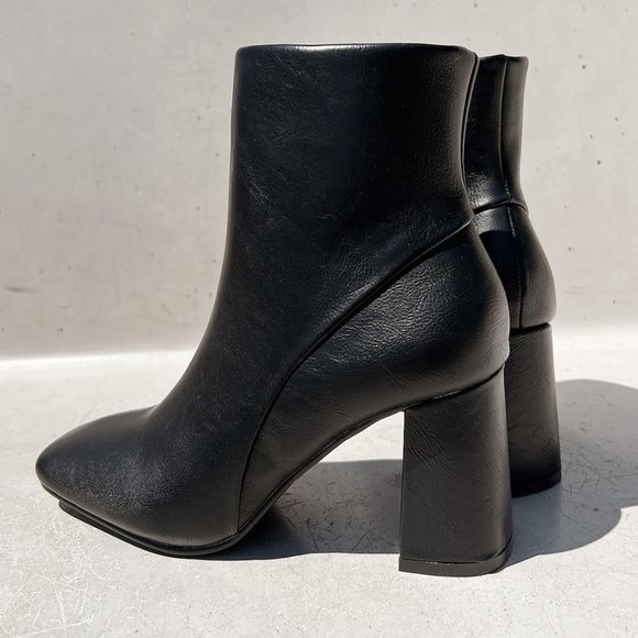 NEW Black Faux Leather Sleek Slim Square Toe Block Heel Ankle Boots Bootie Shoes - Picture 4 of 13